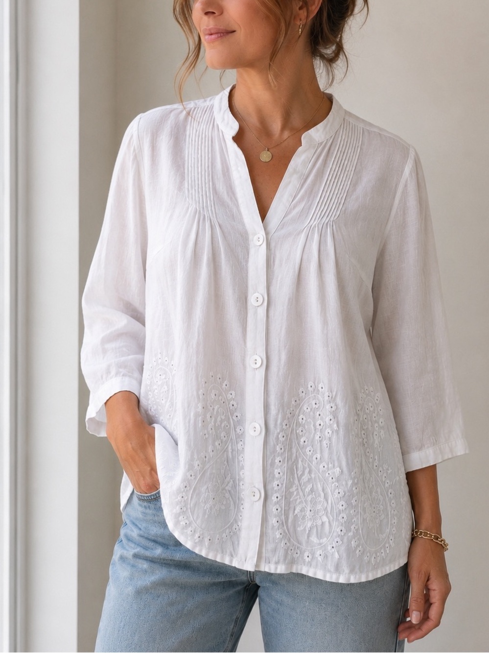 100% Linen Bright White Embroidered Tunic Y2K Button Up 3/4 Sleeve Eyelet Blouse
